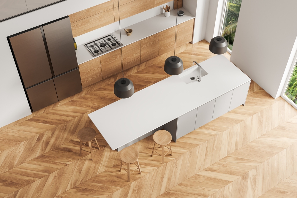 Top,view,of,modern,kitchen,interior,with,white,walls,,wooden